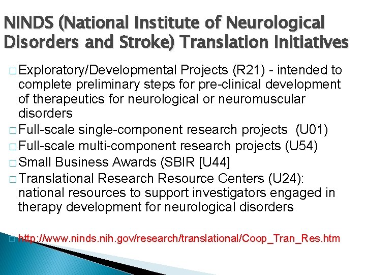 NINDS (National Institute of Neurological Disorders and Stroke) Translation Initiatives � Exploratory/Developmental Projects (R