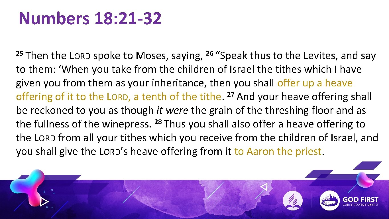 Numbers 18: 21 -32 25 Then the LORD spoke to Moses, saying, 26 “Speak