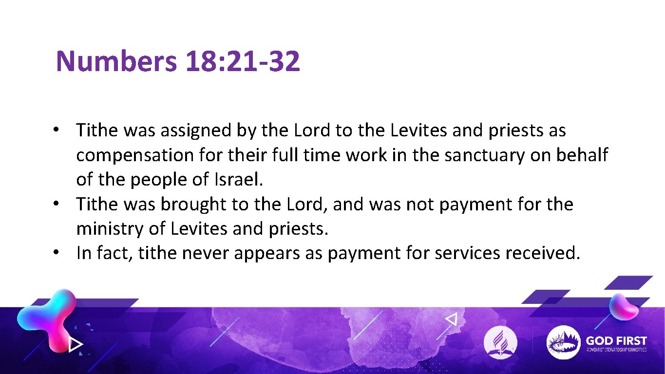 Numbers 18: 21 -32 • Tithe was assigned by the Lord to the Levites
