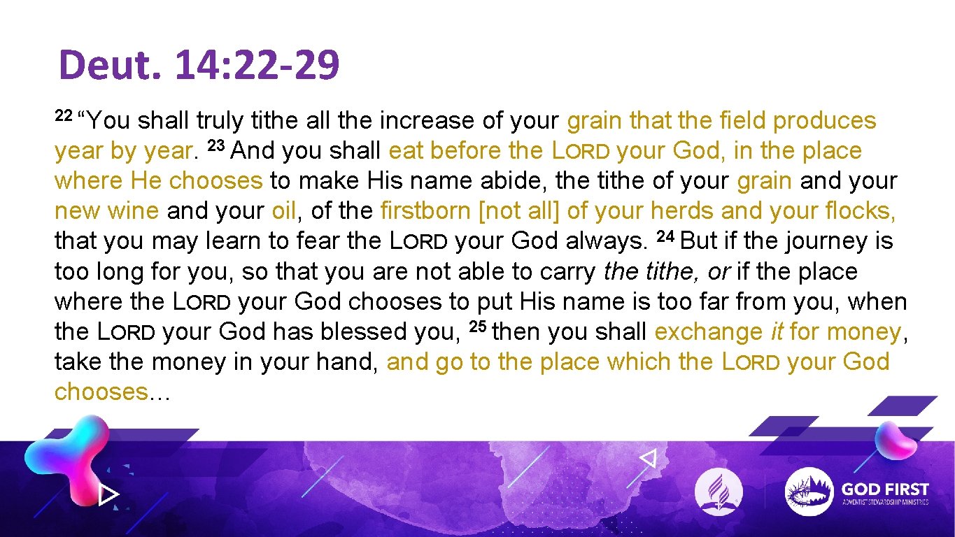 Deut. 14: 22 -29 22 “You shall truly tithe all the increase of your