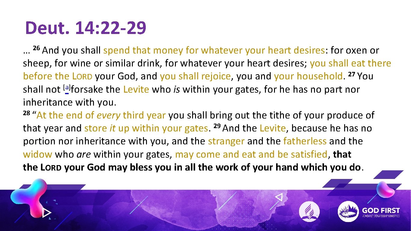 Deut. 14: 22 -29 … 26 And you shall spend that money for whatever
