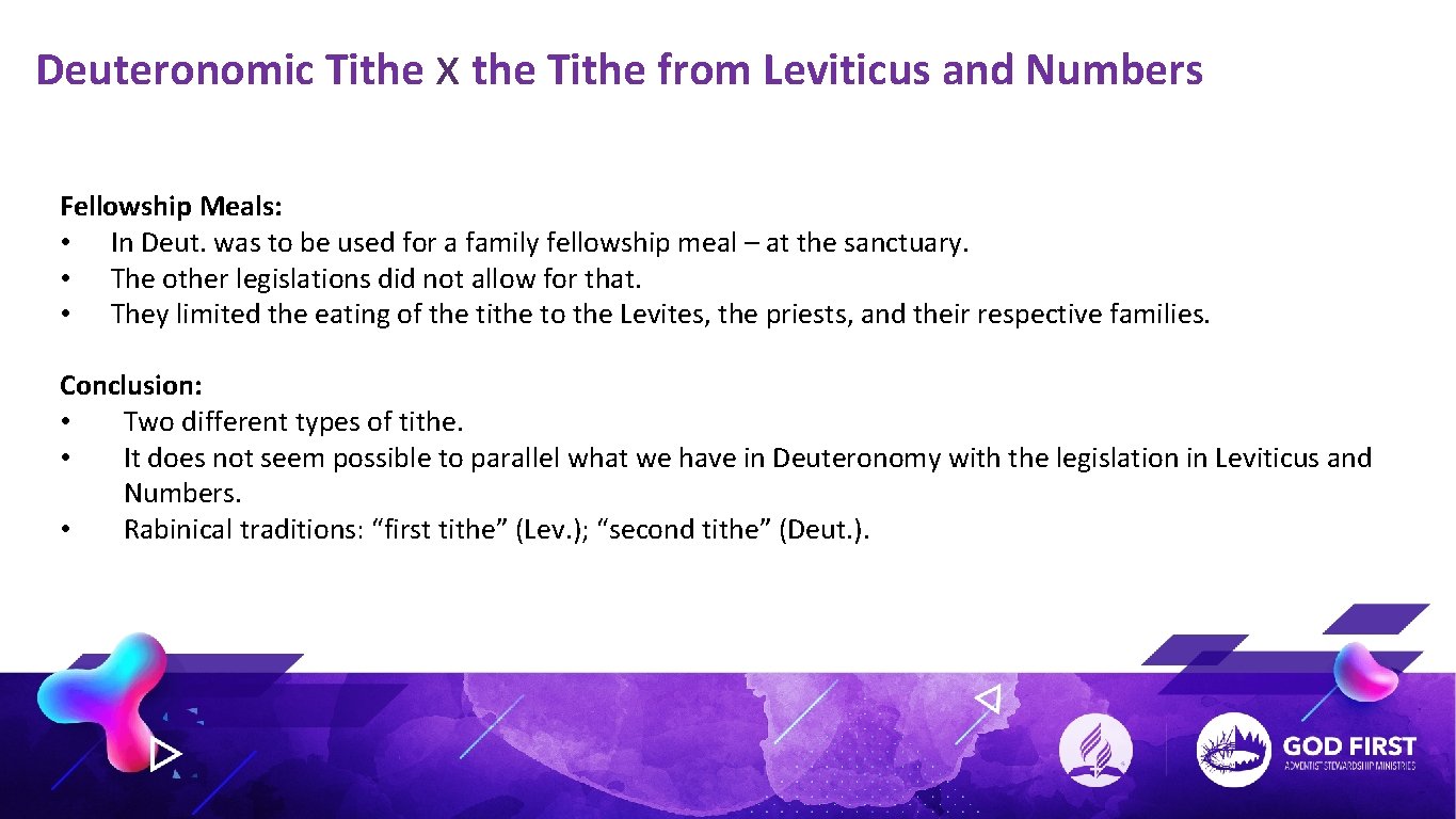 Deuteronomic Tithe x the Tithe from Leviticus and Numbers Fellowship Meals: • In Deut.