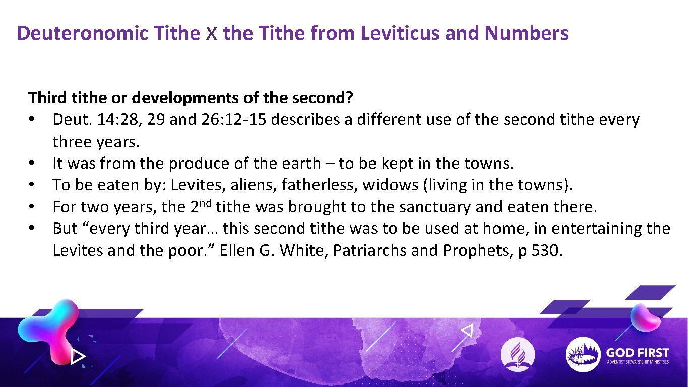 Deuteronomic Tithe x the Tithe from Leviticus and Numbers Third tithe or developments of