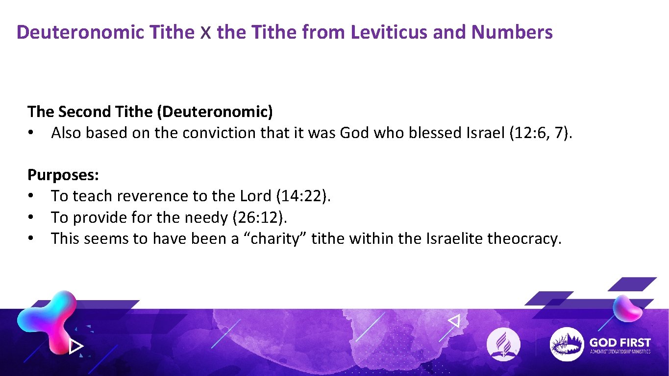 Deuteronomic Tithe x the Tithe from Leviticus and Numbers The Second Tithe (Deuteronomic) •