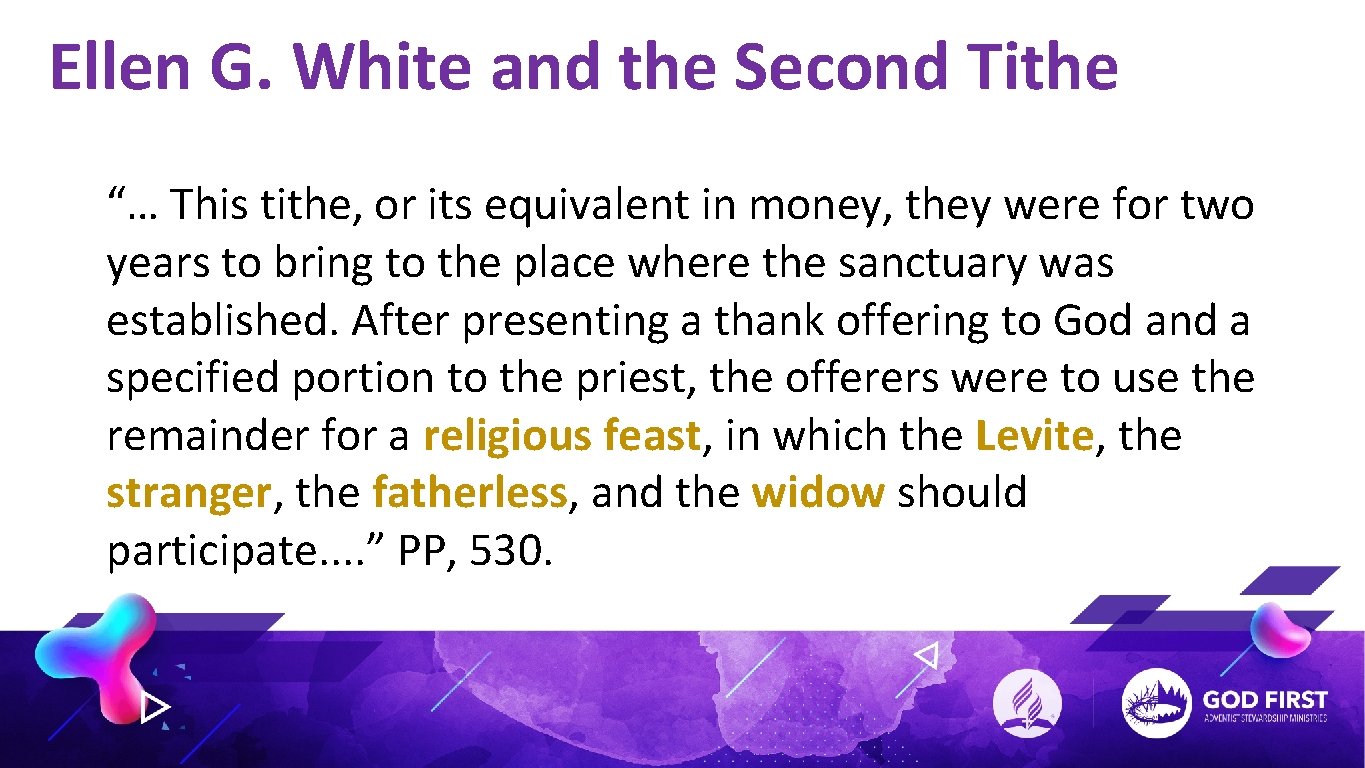 Ellen G. White and the Second Tithe “… This tithe, or its equivalent in