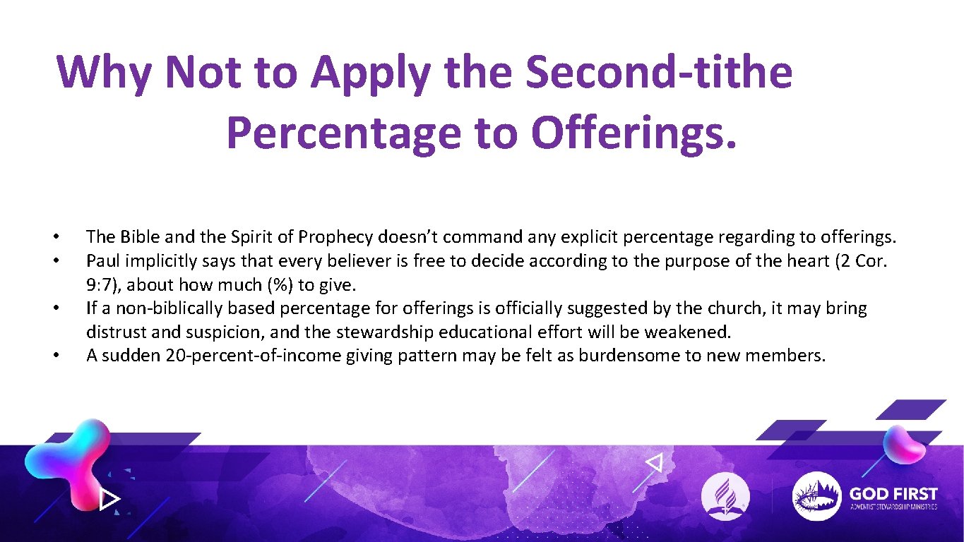 Why Not to Apply the Second-tithe Percentage to Offerings. • • The Bible and