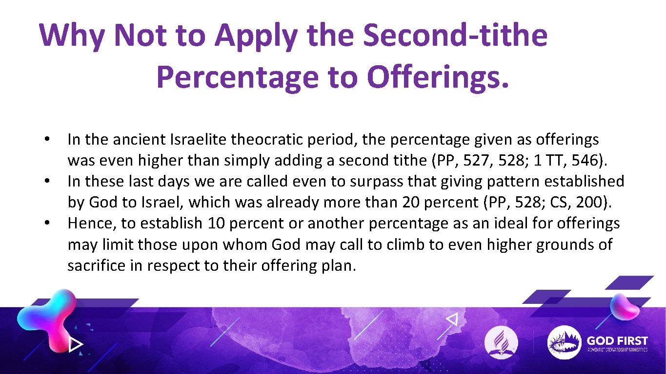 Why Not to Apply the Second-tithe Percentage to Offerings. • In the ancient Israelite
