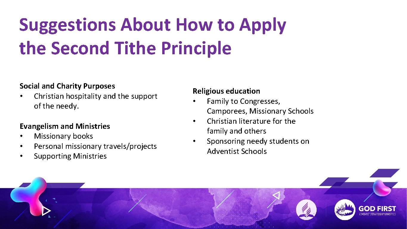 Suggestions About How to Apply the Second Tithe Principle Social and Charity Purposes •