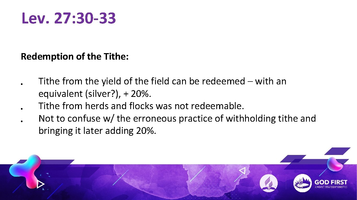 Lev. 27: 30 -33 Redemption of the Tithe: • • • Tithe from the