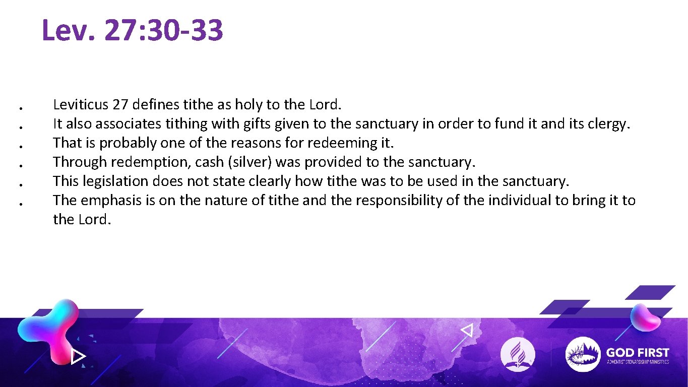 Lev. 27: 30 -33 • • • Leviticus 27 defines tithe as holy to