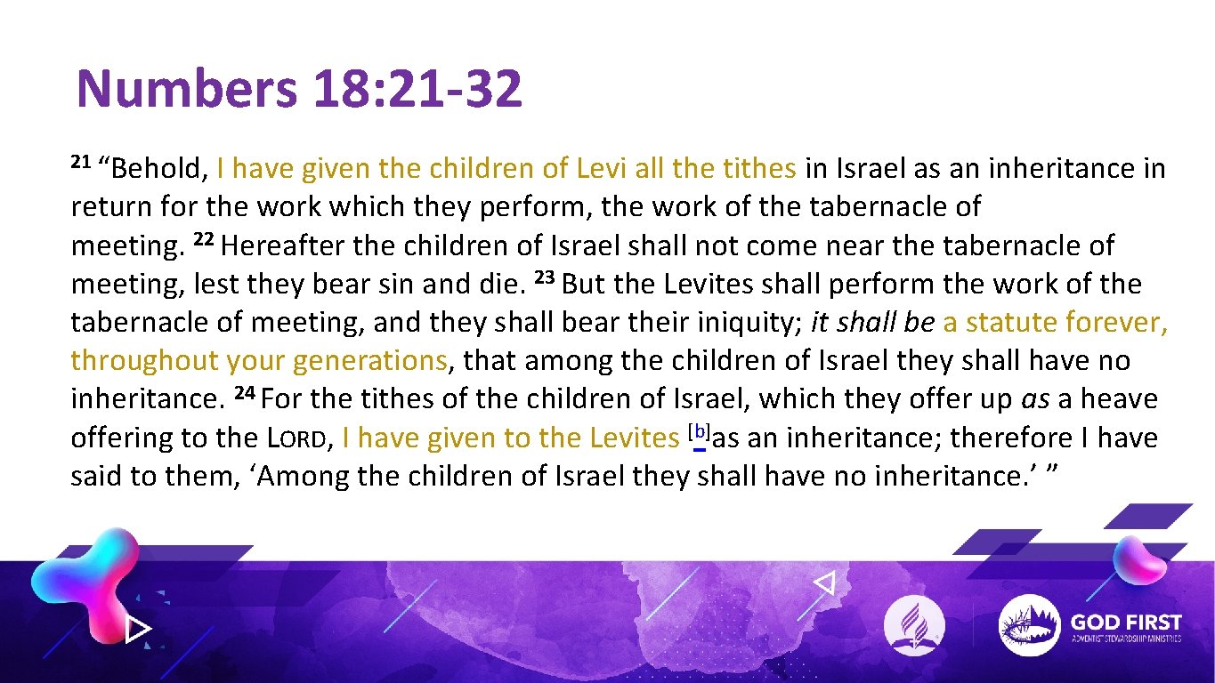 Numbers 18: 21 -32 21 “Behold, I have given the children of Levi all