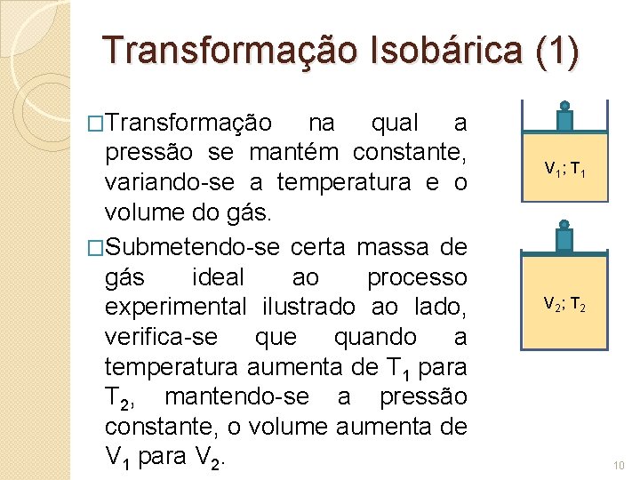 Transformação Isobárica (1) �Transformação na qual a pressão se mantém constante, variando-se a temperatura