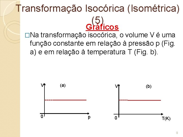 Transformação Isocórica (Isométrica) (5) Gráficos �Na transformação isocórica, o volume V é uma função