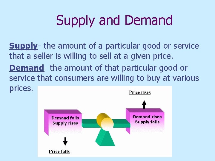 Supply and Demand Supply- the amount of a particular good or service that a