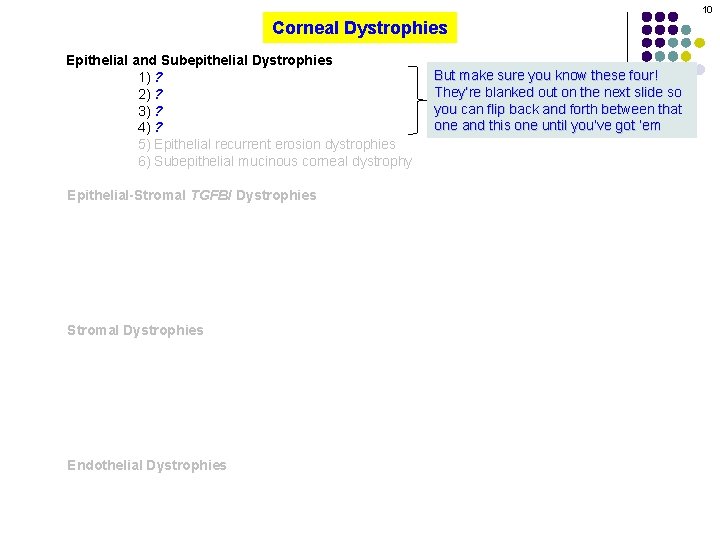 10 Corneal Dystrophies Epithelial and Subepithelial Dystrophies 1) ? 2) ? 3) ? 4)