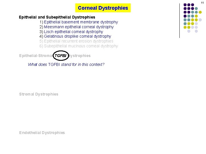 11 Corneal Dystrophies Epithelial and Subepithelial Dystrophies 1) Epithelial basement membrane dystrophy 2) Meesmann