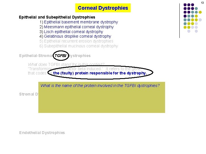 13 Corneal Dystrophies Epithelial and Subepithelial Dystrophies 1) Epithelial basement membrane dystrophy 2) Meesmann
