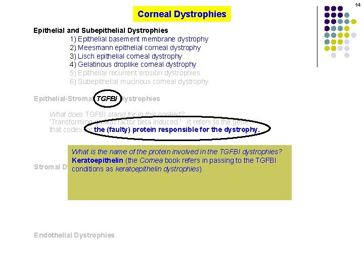 14 Corneal Dystrophies Epithelial and Subepithelial Dystrophies 1) Epithelial basement membrane dystrophy 2) Meesmann