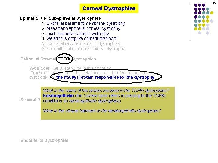 15 Corneal Dystrophies Epithelial and Subepithelial Dystrophies 1) Epithelial basement membrane dystrophy 2) Meesmann