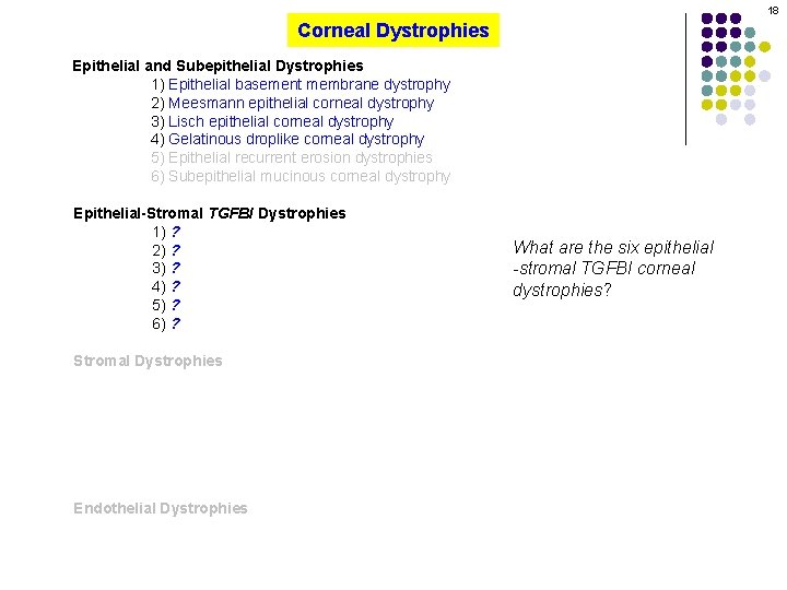 18 Corneal Dystrophies Epithelial and Subepithelial Dystrophies 1) Epithelial basement membrane dystrophy 2) Meesmann