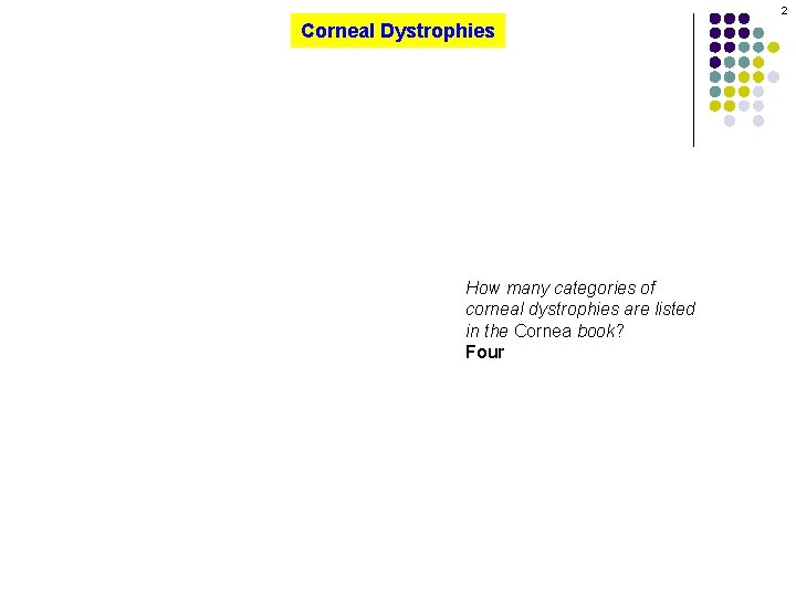 2 Corneal Dystrophies How many categories of corneal dystrophies are listed in the Cornea