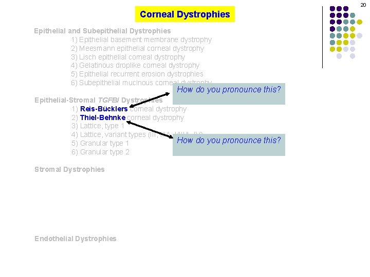 20 Corneal Dystrophies Epithelial and Subepithelial Dystrophies 1) Epithelial basement membrane dystrophy 2) Meesmann