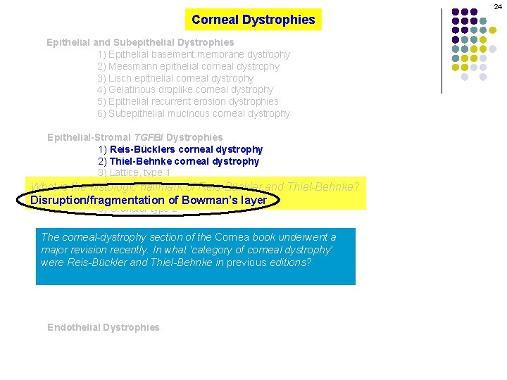 24 Corneal Dystrophies Epithelial and Subepithelial Dystrophies 1) Epithelial basement membrane dystrophy 2) Meesmann