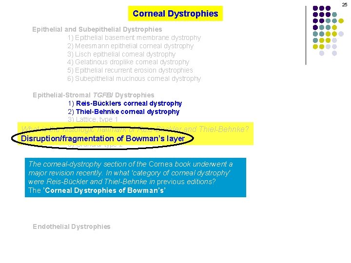 25 Corneal Dystrophies Epithelial and Subepithelial Dystrophies 1) Epithelial basement membrane dystrophy 2) Meesmann