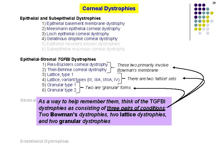 26 Corneal Dystrophies Epithelial and Subepithelial Dystrophies 1) Epithelial basement membrane dystrophy 2) Meesmann