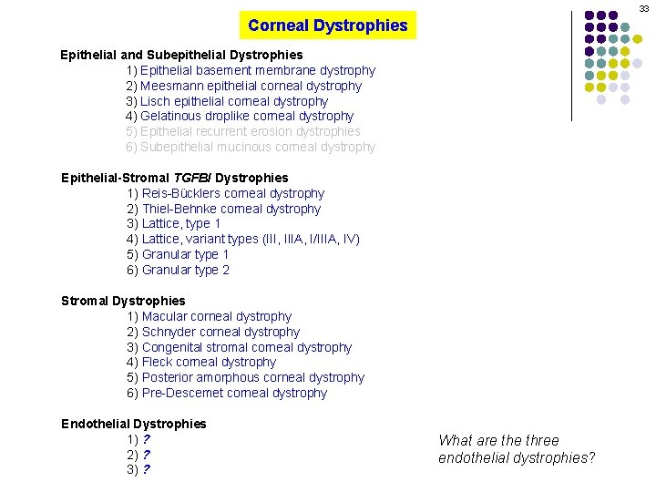 33 Corneal Dystrophies Epithelial and Subepithelial Dystrophies 1) Epithelial basement membrane dystrophy 2) Meesmann