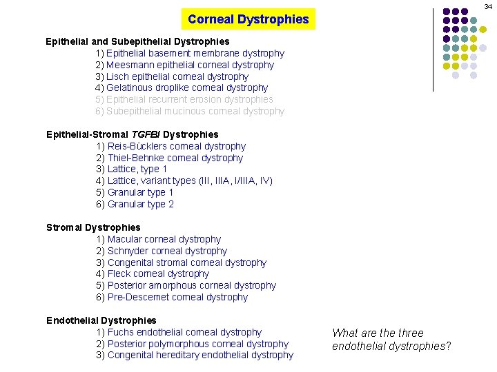 34 Corneal Dystrophies Epithelial and Subepithelial Dystrophies 1) Epithelial basement membrane dystrophy 2) Meesmann