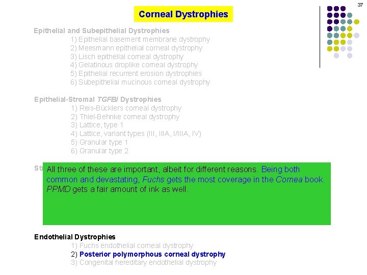 37 Corneal Dystrophies Epithelial and Subepithelial Dystrophies 1) Epithelial basement membrane dystrophy 2) Meesmann