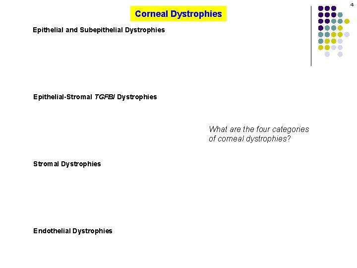 4 Corneal Dystrophies Epithelial and Subepithelial Dystrophies Epithelial-Stromal TGFBI Dystrophies What are the four