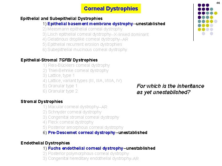 44 Corneal Dystrophies Epithelial and Subepithelial Dystrophies 1) Epithelial basement membrane dystrophy--unestablished 2) Meesmann