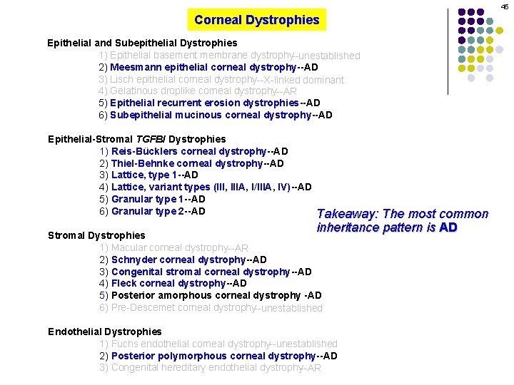 45 Corneal Dystrophies Epithelial and Subepithelial Dystrophies 1) Epithelial basement membrane dystrophy--unestablished 2) Meesmann