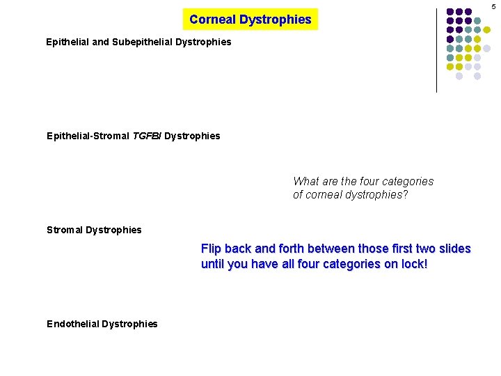 5 Corneal Dystrophies Epithelial and Subepithelial Dystrophies Epithelial-Stromal TGFBI Dystrophies What are the four