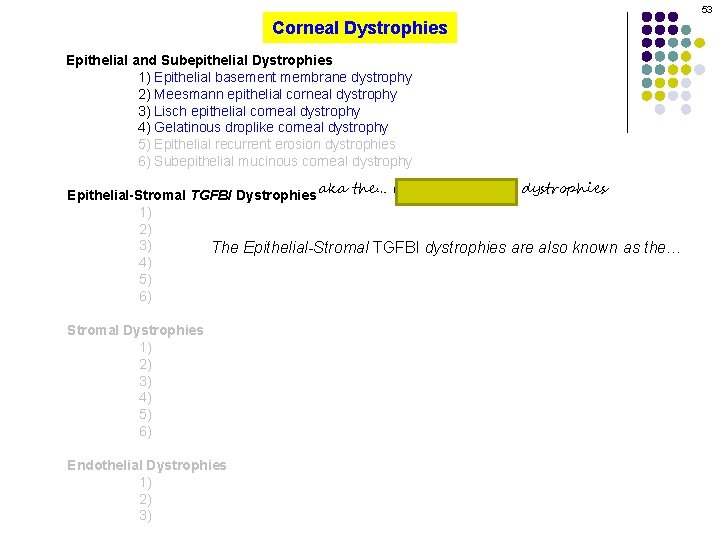 53 Corneal Dystrophies Epithelial and Subepithelial Dystrophies 1) Epithelial basement membrane dystrophy 2) Meesmann