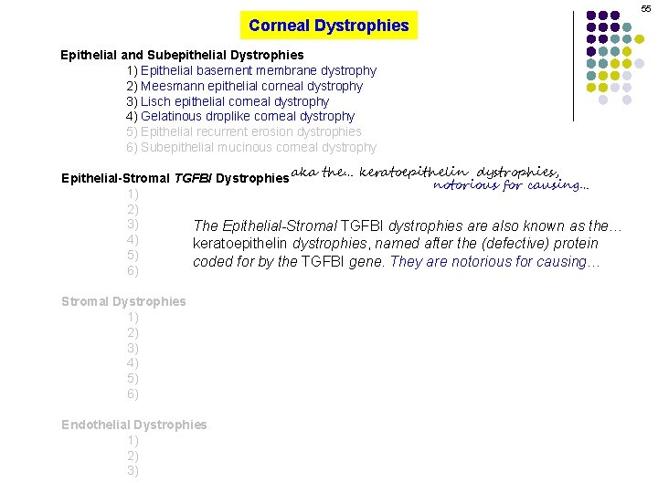 55 Corneal Dystrophies Epithelial and Subepithelial Dystrophies 1) Epithelial basement membrane dystrophy 2) Meesmann