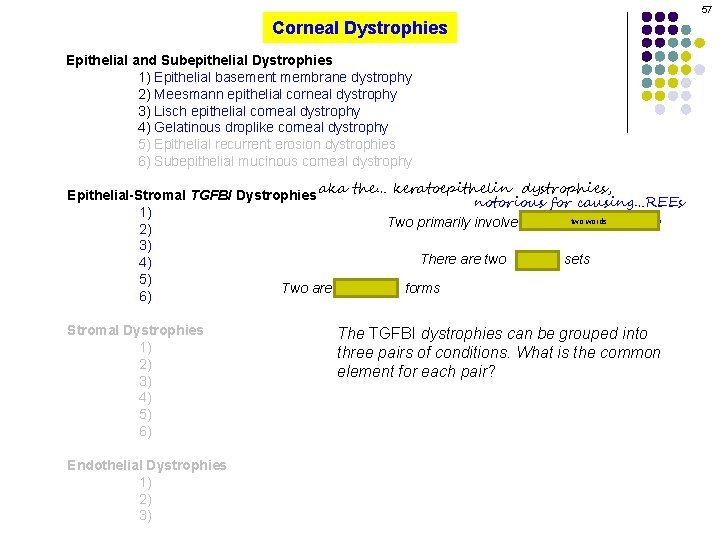 57 Corneal Dystrophies Epithelial and Subepithelial Dystrophies 1) Epithelial basement membrane dystrophy 2) Meesmann