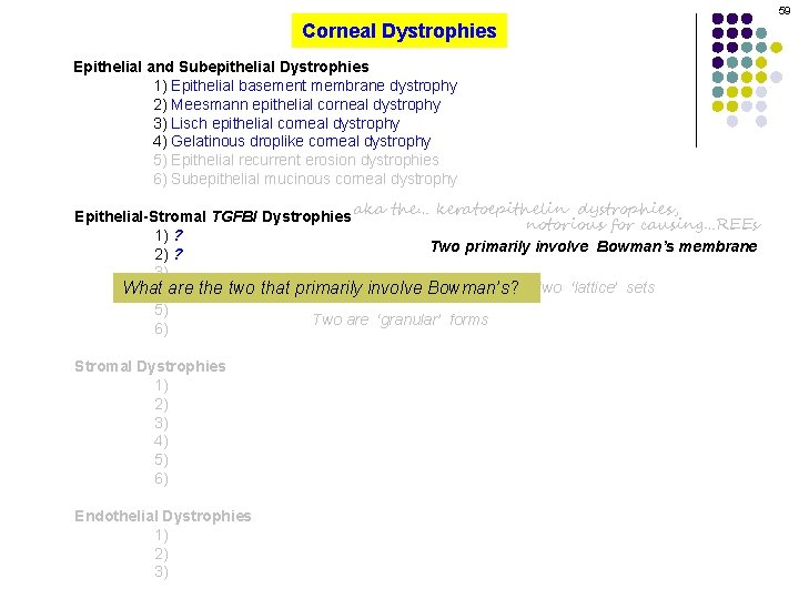 59 Corneal Dystrophies Epithelial and Subepithelial Dystrophies 1) Epithelial basement membrane dystrophy 2) Meesmann