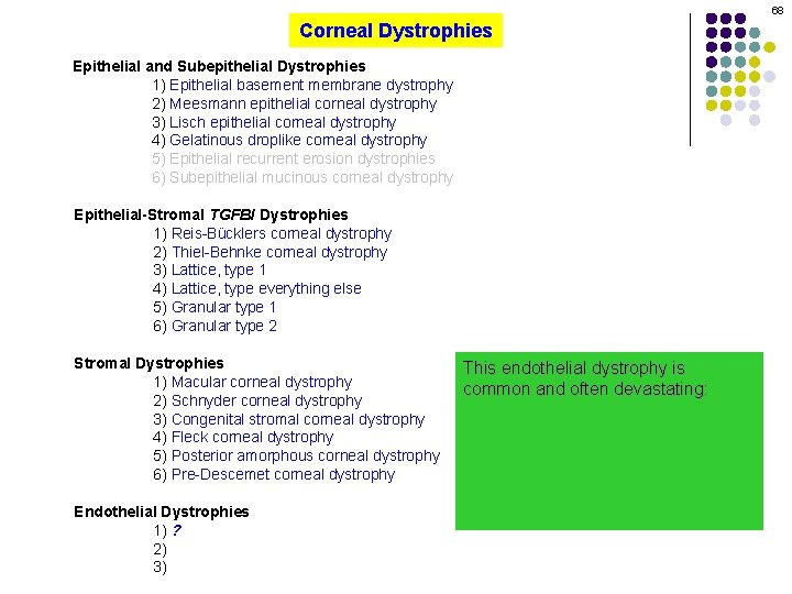 68 Corneal Dystrophies Epithelial and Subepithelial Dystrophies 1) Epithelial basement membrane dystrophy 2) Meesmann