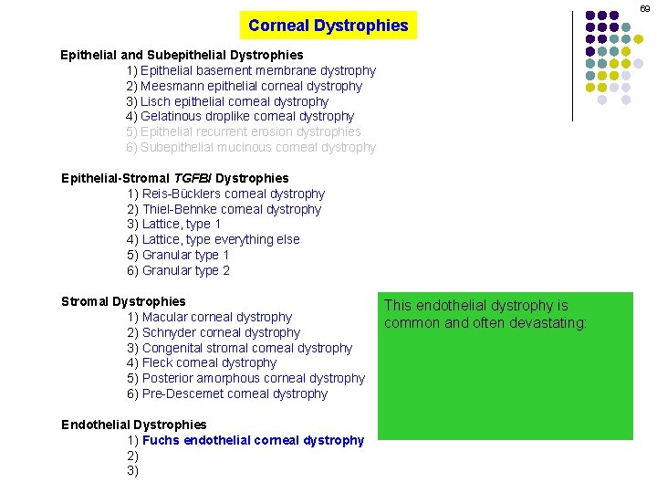 69 Corneal Dystrophies Epithelial and Subepithelial Dystrophies 1) Epithelial basement membrane dystrophy 2) Meesmann