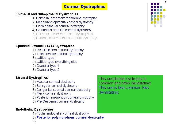 71 Corneal Dystrophies Epithelial and Subepithelial Dystrophies 1) Epithelial basement membrane dystrophy 2) Meesmann