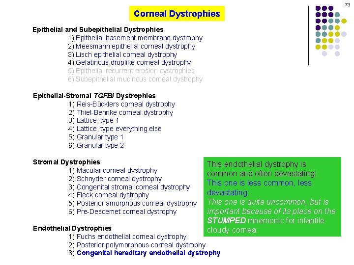 73 Corneal Dystrophies Epithelial and Subepithelial Dystrophies 1) Epithelial basement membrane dystrophy 2) Meesmann