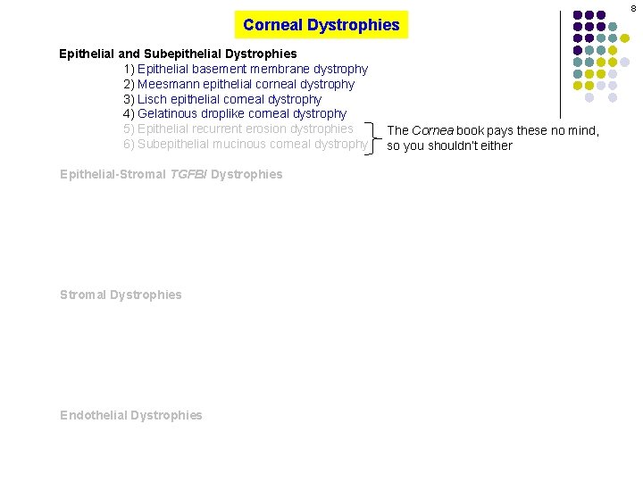 8 Corneal Dystrophies Epithelial and Subepithelial Dystrophies 1) Epithelial basement membrane dystrophy 2) Meesmann
