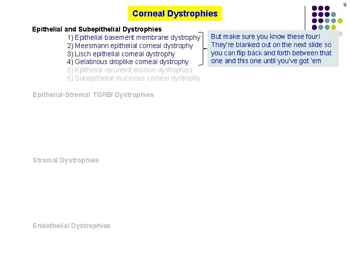 9 Corneal Dystrophies Epithelial and Subepithelial Dystrophies 1) Epithelial basement membrane dystrophy 2) Meesmann