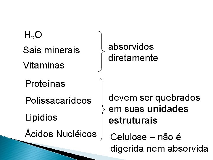 H 2 O Sais minerais Vitaminas absorvidos diretamente Proteínas Polissacarídeos Lipídios Ácidos Nucléicos devem