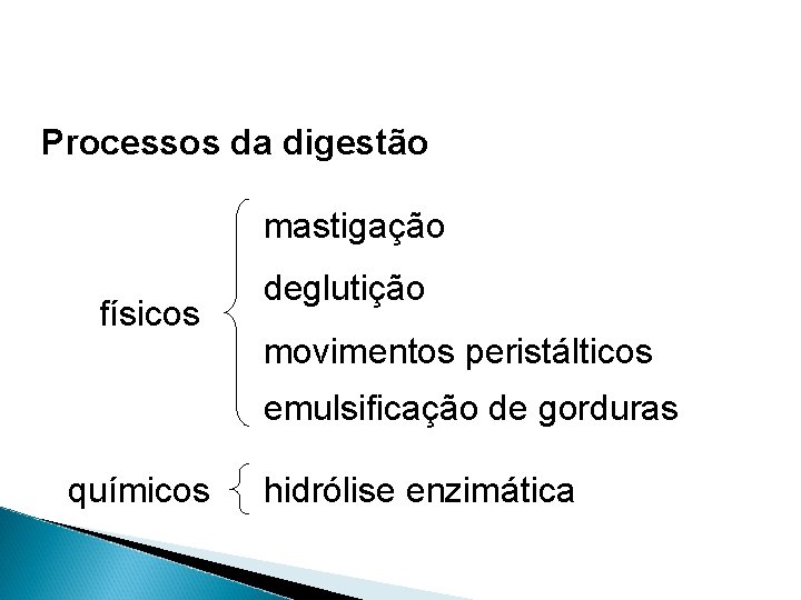 Processos da digestão mastigação físicos deglutição movimentos peristálticos emulsificação de gorduras químicos hidrólise enzimática