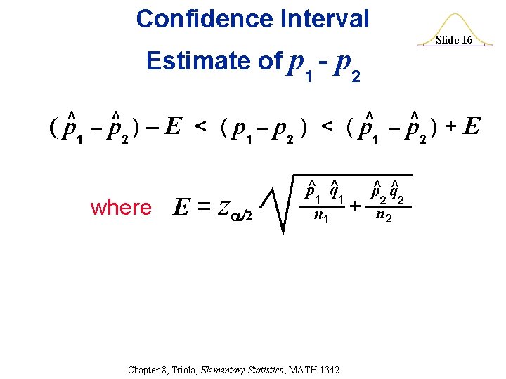 Confidence Interval Estimate of p 1 - p 2 ( p^1 – p^2 )