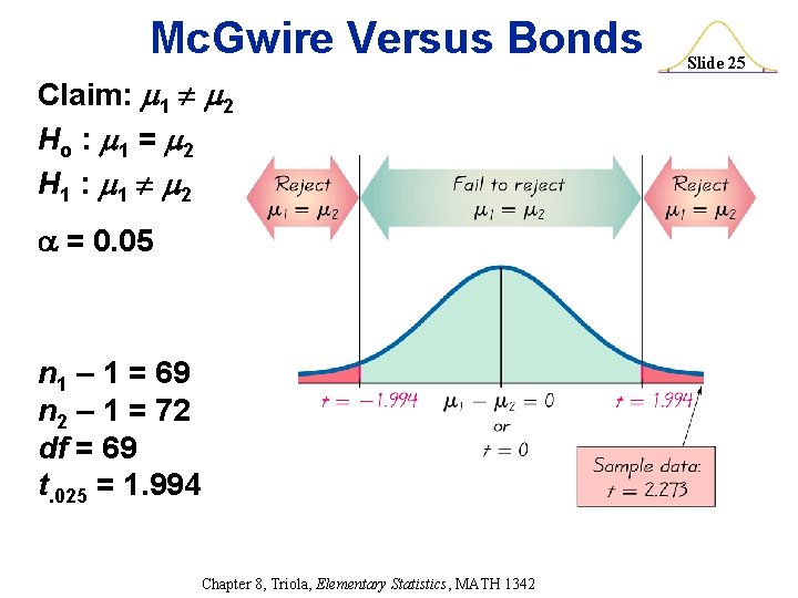 Mc. Gwire Versus Bonds Claim: 1 2 Ho : 1 = 2 H 1